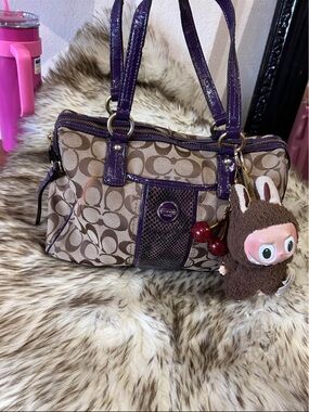 Vintage Coach Signature Canvas Shoulder Bag with Purple Trim